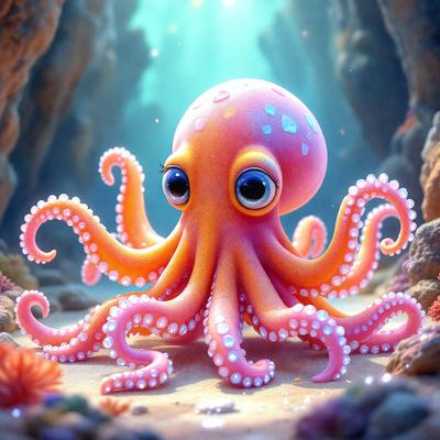 The primary subject of the image is a cute, colorful, and cartoonish octopus. The octopus is sitting on a sandy surface, possibly a beach, with a rocky background. The visual style of the image is a digital art or illustration, giving it a vibrant and playful appearance. The colors and mood of the image are predominantly orange and pink, creating a warm and cheerful atmosphere.
